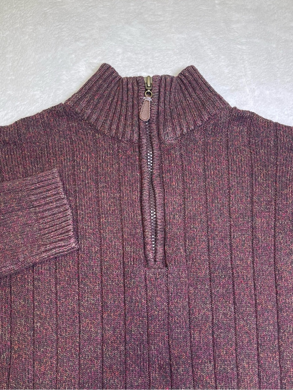 Oscar de la Renta Mens L Quarter Zip Sweater Marled Purple Burgundy Ribbed Knit